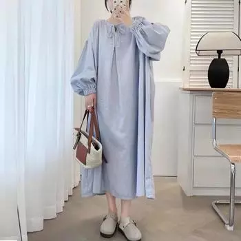 Johnature Round Neck Tie Stripe Dress Japanese Autumn Vintage Loose Casual Simple Stripe Women Dress One Size синий