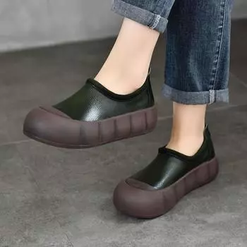 Женские туфли Johnature с круглым носком из натуральной кожи на толстой подошве, универсальные туфли в стиле ретро на плоской платформе 35 чёрный