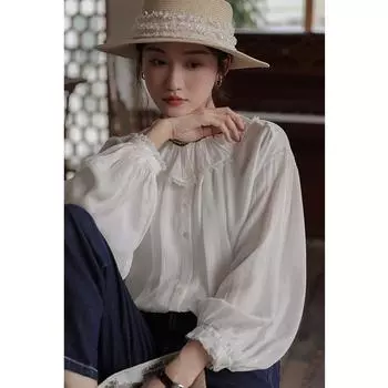 Johnature Рубашка с длинным рукавом с французскими оборками для женщин, весенняя, винтажная, свободная, с рукавами-фонариками, повседневные топы S белый
