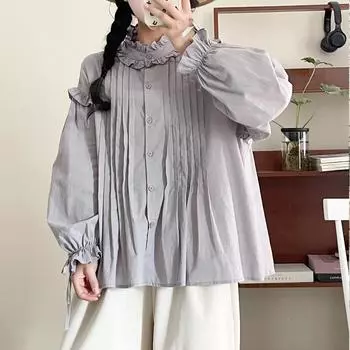 Johnature Рубашка с отделкой в виде грибка, рубашка в стиле ретро со складками и шнуровкой, весенние рубашки из японского хлопка One Size фиолетовый