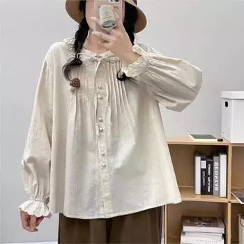 Johnature Рубашка с завязками и кружевом на лацканах из лесного кружева, женская, весенняя, свободная, универсальная, с длинным рукавом One Size бежевый