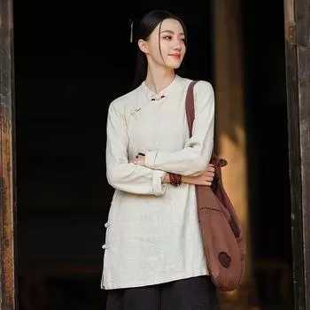 Johnature Рубашки в китайском стиле женские с длинным рукавом однотонные топы осенние винтажные блузки на пуговицах One Size жёлтый