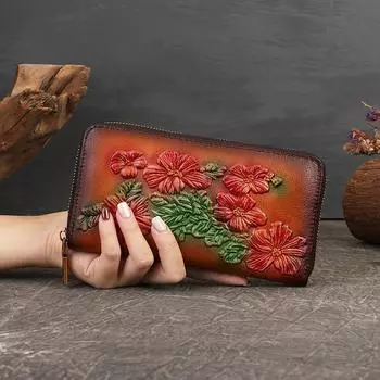 Johnature ручной работы с тиснением из воловьей кожи, винтажный длинный кошелек с цветочным принтом, кошелек из натуральной кожи, держатель для карт, женские ручные кошельки