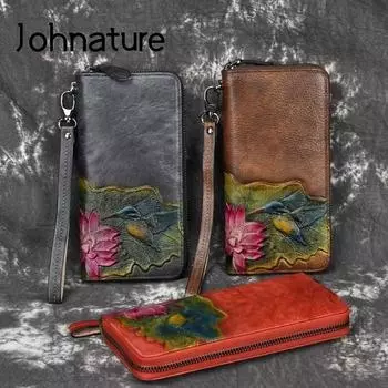 Johnature ручной работы в стиле ретро из коровьей кожи, женский ручной кошелек для отдыха, женский клатч, кошельки с цветочным тиснением, кошелек для телефона чёрный