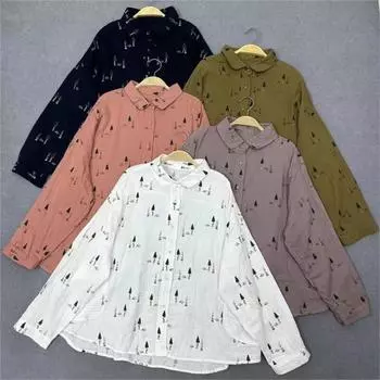 Johnature с лацканами, хлопковая повседневная свободная рубашка с длинными рукавами, женские весенние свободные простые женские блузки с корейским принтом One Size светло-фиолетовый