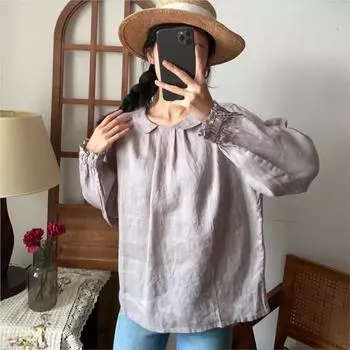 Johnature с отложным воротником, повседневные женские блузки, весна-лето, винтажные льняные свободные пуговицы, простые женские рубашки, топы One Size фиолетовый