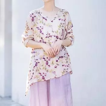 Johnature с принтом и v-образным вырезом, винтажная льняная свободная футболка с длинными рукавами, осенняя женская футболка с нерегулярным подолом в китайском стиле One Size светло-фиолетовый
