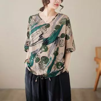 Johnature с v-образным вырезом и нерегулярным принтом, повседневные рубашки с короткими рукавами, топы, летние простые свободные универсальные женские блузки