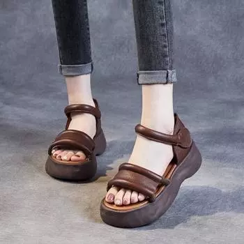 Johnature сандалии из натуральной кожи на толстой подошве, универсальные удобные дышащие женские туфли на мягкой подошве на платформе 35 бежевый