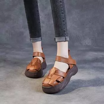 Johnature сандалии из натуральной кожи с круглым носком на толстой подошве, универсальные удобные женские туфли на платформе в стиле ретро 35 коричневый