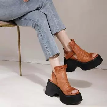 Johnature/сандалии из натуральной кожи с открытым носком на толстой подошве, винтажные удобные женские туфли на платформе