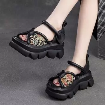 Johnature сандалии из натуральной кожи с вышивкой в этническом стиле и толстой подошвой, сандалии с открытым носком, повседневная женская обувь на платформе 34 чёрный