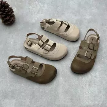 Сандалии Johnature из натуральной кожи с круглым носком, ретро, плоская однотонная универсальная женская обувь 37 хаки
