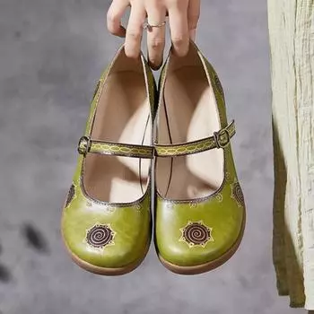 Johnature сандалии из натуральной яловой кожи на толстой подошве, цветные женские туфли на мягкой подошве на танкетке в этническом стиле 35 светло-зеленый