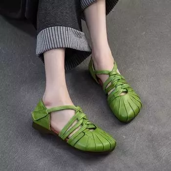 Johnature Сандалии из воловьей кожи в стиле ретро, плетеные женские туфли на плоской подошве с ажурной отделкой 35 бежевый