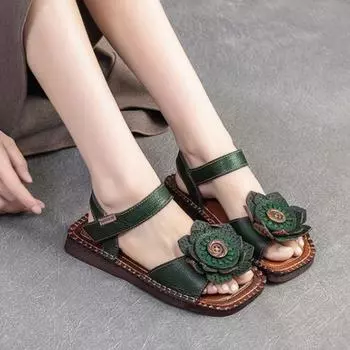 Johnature/сандалии на плоской подошве из натуральной кожи в стиле ретро с цветочным узором, удобная женская обувь с квадратным носком на мягкой подошве в этническом стиле 36 зелёный