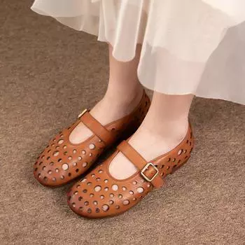 Johnature сандалии на плоской подошве с круглым носком из натуральной кожи, однотонная женская обувь с пряжкой в стиле ретро 39 коричневый