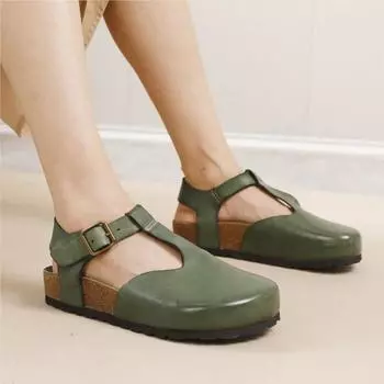 Johnature Сандалии на плоской подошве с круглым носком и ремешком сзади, полностью кожаные, с мягкой подошвой из коровьей кожи, женские туфли в стиле ретро 35 зелёный