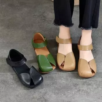 Сандалии на плоской подошве Johnature, женские туфли из натуральной кожи с открытым носком, римские туфли из воловьей кожи, мягкая подошва, универсальная женская обувь 35 абрикосовый