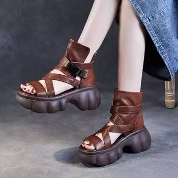 Johnature, сандалии на толстой подошве в римском стиле, женская обувь, сандалии на платформе из натуральной кожи с открытым носком на толстом каблуке 36 бежевый