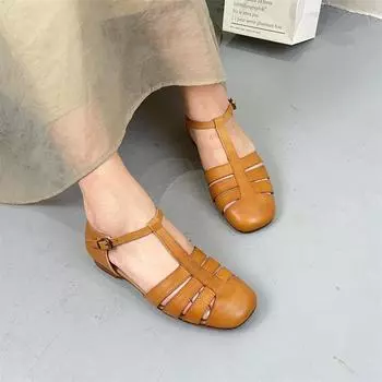 Сандалии из натуральной кожи ручной работы Johnature, универсальные, с круглым носком, пряжкой, ремешком, на плоской подошве из коровьей кожи 38 бежевый