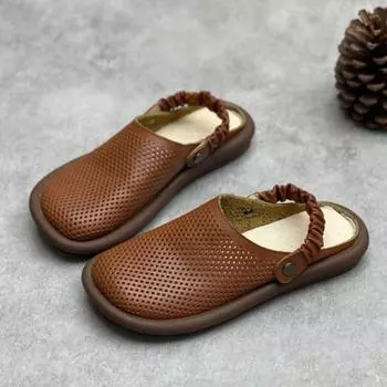 Johnature/сандалии ручной работы из натуральной кожи с круглым носком, женские тапочки на плоской подошве с мягкой подошвой, повседневная обувь с отверстиями 35 красно-коричневый