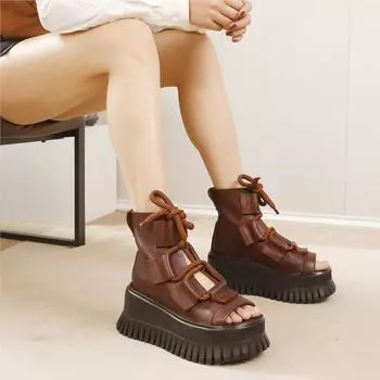 Johnature Сандалии в римском стиле из натуральной кожи с толстой подошвой и открытым носком, универсальные женские туфли ручной работы в стиле ретро 35 чёрный