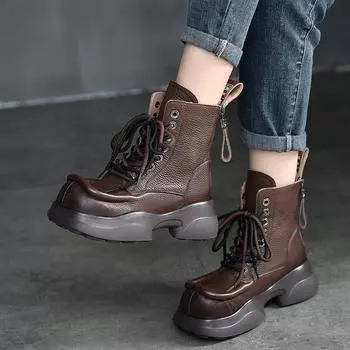 Johnature/сапоги из натуральной кожи на толстой подошве, женские винтажные короткие ботинки с квадратным носком на молнии сзади 35 красно-коричневый