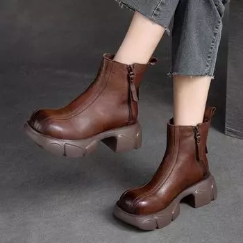 Johnature/сапоги из натуральной кожи на толстом каблуке, женские однотонные туфли с круглым носком в стиле ретро, ботильоны на толстой подошве 35 чёрный