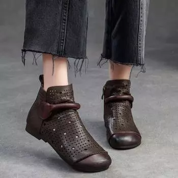 Johnature/сапоги из натуральной кожи с отверстиями в стиле ретро, дышащие сандалии с круглым носком, универсальные женские туфли на плоской подошве 35 серый