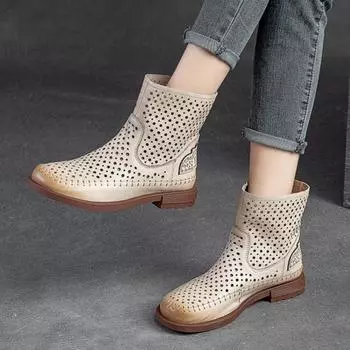 Johnature/сапоги из натуральной кожи с отверстиями в стиле ретро, дышащие сандалии ручной работы с круглым носком, женская обувь 35 абрикосовый