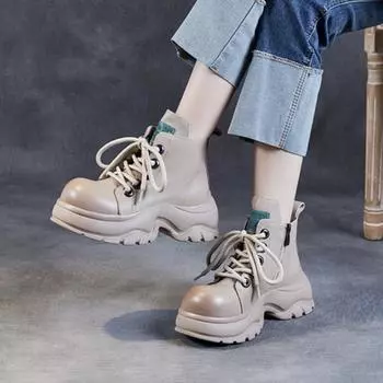 Johnature/сапоги из натуральной кожи, женские удобные туфли на платформе с круглым носком и толстым каблуком, осенне-зимние короткие сапоги 35 бежевый