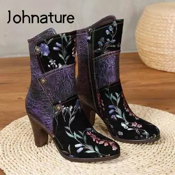 Johnature/сапоги на высоком каблуке, женская обувь, обувь из натуральной кожи, ткань с принтом, разные цвета, зимние ботинки на платформе ручной работы на молнии в стиле ретро 35 фиолетовый