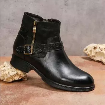 Johnature/сапоги ручной работы из натуральной кожи, женская обувь, черные короткие сапоги с ремнем с круглым носком и пряжкой в этническом стиле 36 чёрный