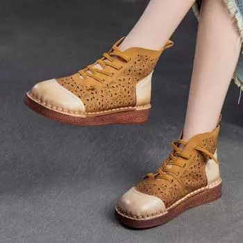 Johnature/сапоги ручной работы с отверстиями, удобные сандалии на плоской подошве из натуральной кожи, женская обувь в стиле ретро 35 жёлтый