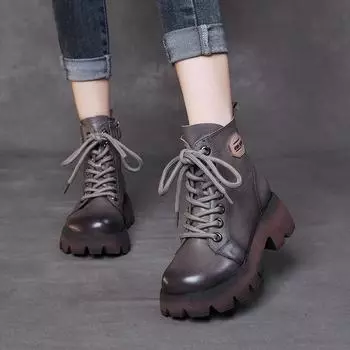 Johnature/сапоги ручной работы в стиле ретро, женские модные короткие сапоги из натуральной кожи на толстом каблуке со шнуровкой 35 чёрный