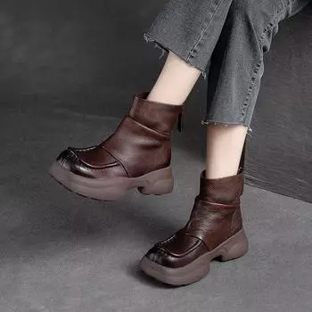 Johnature/сапоги с квадратным носком, женские короткие сапоги из натуральной кожи в стиле ретро, простая однотонная обувь с молнией сзади 36 чёрный