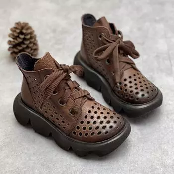 Johnature/сапоги с отверстиями в стиле ретро, сандалии из натуральной кожи на толстой подошве, однотонная женская обувь на шнуровке