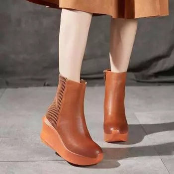 Johnature/сапоги в стиле ретро из натуральной кожи, короткие сапоги на очень высоком каблуке с круглым носком, универсальная женская обувь на танкетке