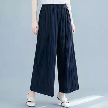 Johnature Широкие брюки с высокой талией, летние повседневные простые плиссированные свободные однотонные мягкие женские брюки до щиколотки One Size чёрный