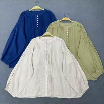 Johnature Shirt Women Spring Autumn Casual Pleated Vintage Loose O-neck Button Women Tops One Size хаки