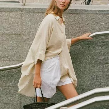 Johnature Shirt Women Spring Summer Loose Five-quarter Sleeve Shirt Casual Irregular Simple Tops One Size слоновая кость