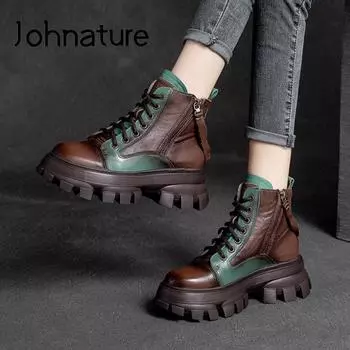 Johnature Shoes Женские ботинки из натуральной кожи Разноцветные осенне-зимние ботильоны для отдыха на молнии с круглым носком в стиле ретро ручной работы 36 чёрный