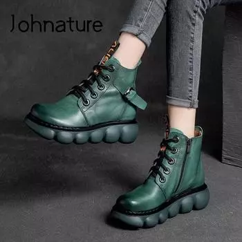 Johnature Shoes, женские ботинки в стиле ретро, осенне-зимние ботильоны из натуральной кожи на молнии с круглым носком, лаконичные ботильоны ручной работы для отдыха 35 чёрный