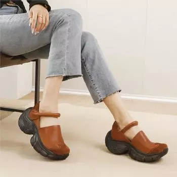 Johnature Shoes Женские универсальные туфли-лодочки из натуральной кожи с толстой подошвой в стиле ретро ручной работы, легкие, с мягкой подошвой 34 чёрный