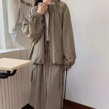 Johnature Simple Drawstring Bud Stand-up Collar Cargo Coats Women Loose Casual Women Jackets M