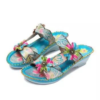 Johnature синие пляжные сандалии, женские тапочки, шлепанцы на танкетке с цветочной росписью, ручная роспись 41 синий