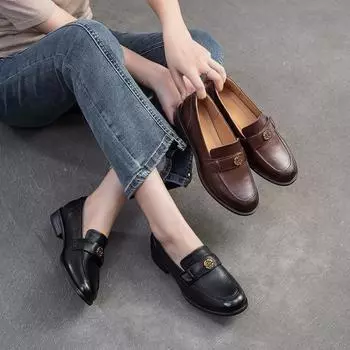 Johnature Однотонные лоферы в стиле ретро, универсальные женские туфли из натуральной кожи на низком каблуке без застежек 35 чёрный