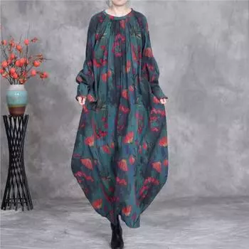 Johnature Spring A-Line Dresses Women Green Floral O-Neck Long Sleeve Vintage Loose High Quality Female Dress One Size