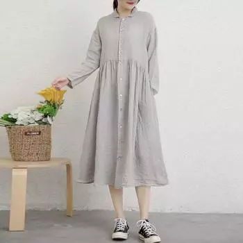Johnature Spring Autumn Dresses Women Vintage Simple Button Female Dress One Size серый